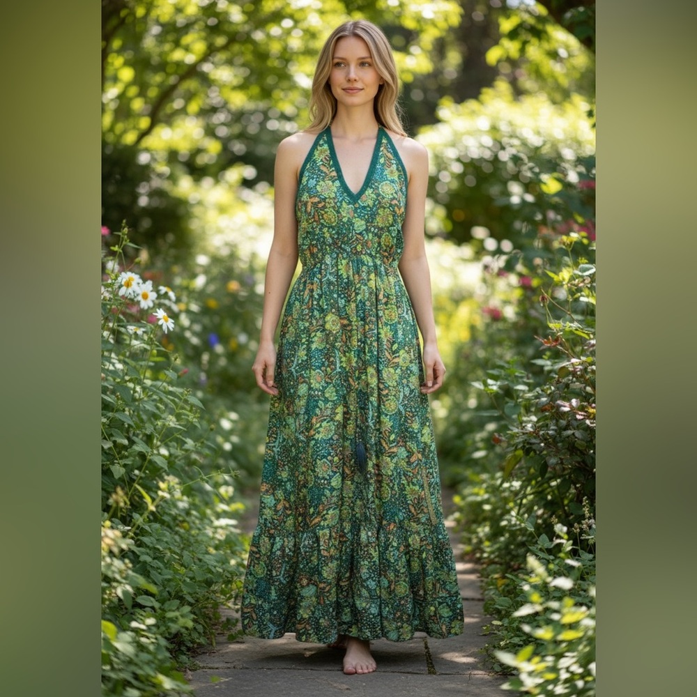 Nation Ak Outfits Floral Green Halter Maxi Dress NWT size S